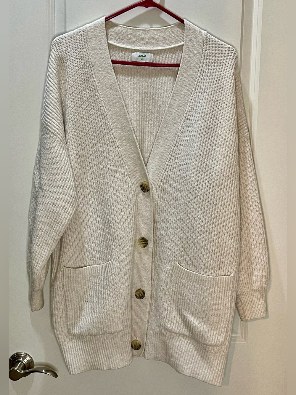 aerie Cream Ribbed Button Cardigan Oversized M